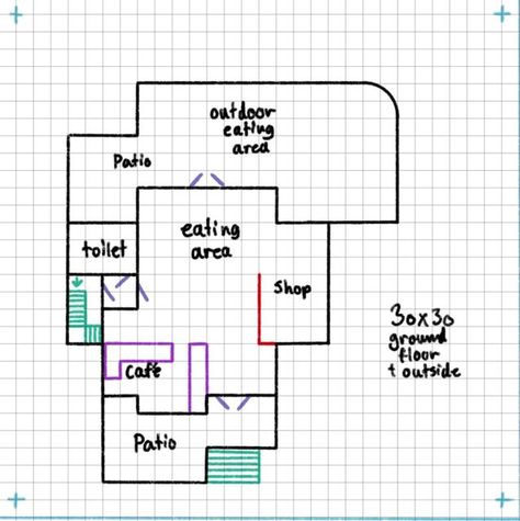 Sims 4 Coffee Shop Layout, Small Bakery Layout Floor Plans, Bloxburg Cafe Floor Plan, Cafe Layout Plan Bloxburg, Sims 4 Cafe Apartment, Cafe With Apartment Above, Sims 4 Cafe Layout, Sims Cafe Ideas, Bloxburg Cafe Layout 2 Story Small