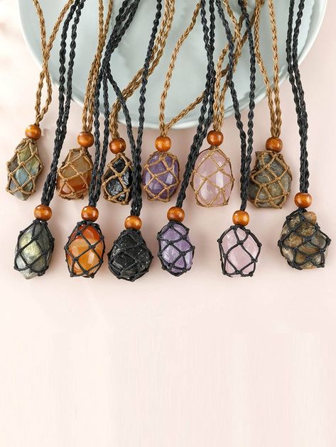 Caged Necklace, Bijoux Fil Aluminium, Woven Necklace, Necklace Cord, Wrap Necklaces, Stone Pendant Necklace, Stone Decor, Macrame Jewelry, Cord Necklace