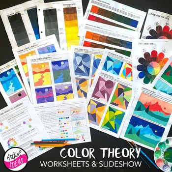 This Spanish/English bilingual art worksheet bundle includes a collection of color theory worksheets and study guides as well as a Color Theory slideshow in both Powerpoint and Google Slides formats that covers all the relevant topics and concepts in both English and Spanish as well as images of painted examples of all of the worksheets. The worksheets work best with painting lessons and students can paint directly onto handouts using acrylic or tempera paint. Worksheets include:Color wheel with Color Theory Worksheet Free Printable, Color Theory Activities, Color Theory Painting Projects, Color Theory Projects High School, Teaching Color Theory, Color Exercises, Color Theory Worksheet, Color Theory Projects, Color Theory Painting