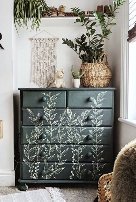 Woodland Dresser Makeover, Painted Dresser Diy, Boho Dresser Makeover, Above Headboard Decor, Floating Nightstand Ideas, Modern Floating Nightstand, Furniture Makeover Inspiration, Nightstand Ideas, Furniture Remodeling