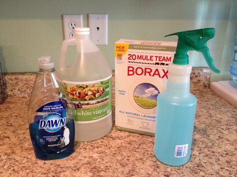 All purpose cleaning solution:  2 Tbl Vinegar, 2 tsp Borax, and 1/8 cup Blue Dawn Dishwashing liquid.  Mix with hot water to fill spray bottle. Homemade Oven Cleaner, Cleaner Recipes, Oven Cleaner, Multipurpose Cleaner, Homemade Cleaning Products, Natural Cleaners, Cleaning Spray, Household Cleaning Tips, Cleaning Recipes