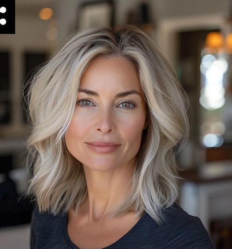 White Blonde Medium Length Hair, 50 Year Old Blonde Hair Styles, Blonde Hair Over 40 Shoulder Length, Blonde Hair For Women Over 50 Mid Length, Blonde Hair For Older Women Over 50 Long Hairstyles, 50 Year Old Hairstyles Medium, Classy Hairstyles, Older Style, Wavy Bob