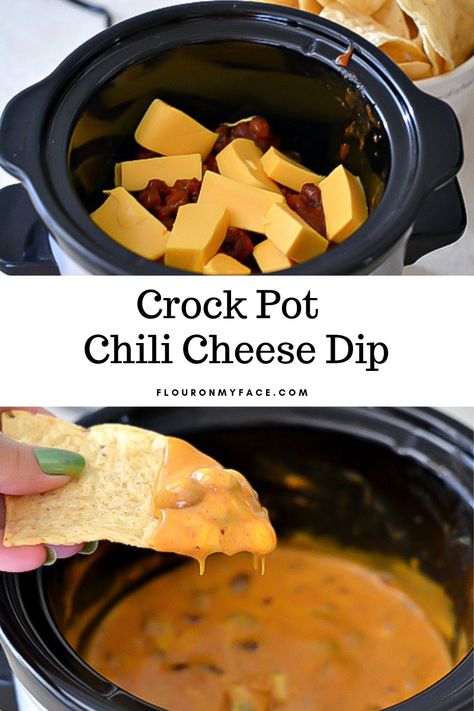 Two ingredients Crock Pot Chili Cheese Dip. A classic dip recipe Velveeta Chili Cheese Dip, Hormel Chili Cheese Dip, Cheese Dip Recipes Crockpot, Chili Cheese Dip Crockpot, Chili Dip Recipes, Bean Cheese Dip, Chili Cheese Dip Recipes, Cheese Dip Crock Pot, Crock Pot Chili