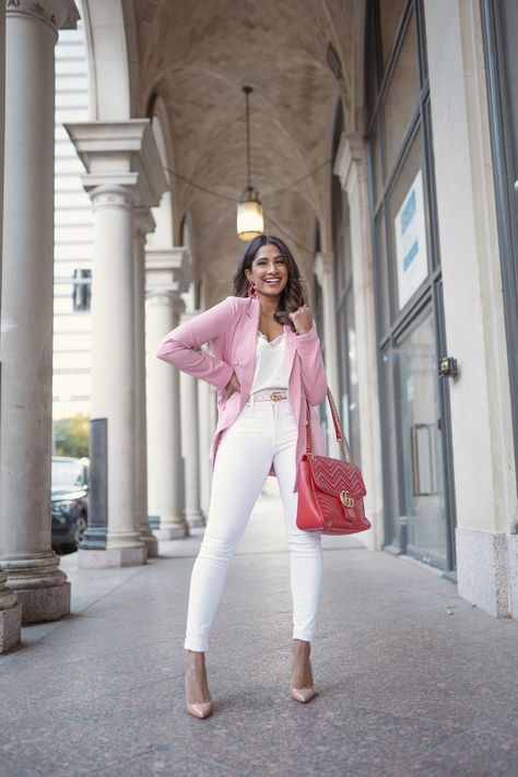 6 Ways to Style a Pink Blazer! Style A Pink Blazer, Pink Blazer Outfit, Blazer Outfit, Pink Blazer, Blazer Outfits, Powder Pink, How To Style, Valentines Day, Valentines