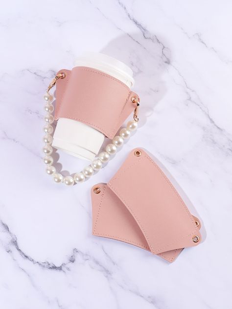 Dusty Pink  Collar  PU Leather   Embellished   Kitchen & Dining Diy Clothes Refashion, Leather Bag Pattern, Portable Water Bottle, Cup Accessories, Water Bottle Covers, Bohemian Bags, Pearl Decor, Pink Collar, Pink Collars