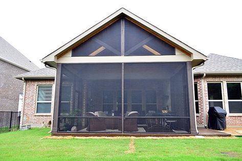 Must-see Heath Texas Screened in Covered Patio Abode | Archadeck of Northeast Dallas Screened In Porch With Gable Roof, Gable Screened In Porch, Open Gable Roof, Acid Stained Concrete Patio, Enclosed Patio Ideas, Back Porch Designs, Patio Addition, Backyard Covered Patios, Covered Patio Design