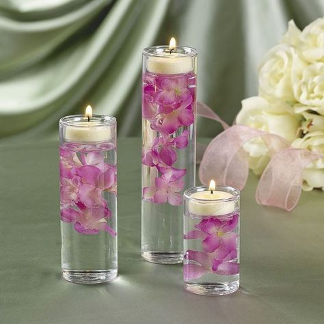 Floating Candle and Flowers - 20 Creative and Wonderful Bridal Shower Centerpieces - EverAfterGuide Cheap Wedding Centerpieces, Vases Wedding, Glass Cylinder Vases, Bridal Shower Centerpieces, Candle Holders Wedding, Glass Cylinder, Shower Centerpieces, Vase Centerpieces, Floating Candles