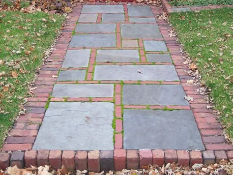 brick and bluestone walk Brick And Paver Walkway, Brick And Flagstone Walkway, Bluestone And Brick Walkway, Bluestone Sidewalk, How To Lay A Brick Pathway, Bluestone Walkway With Border, Brick Path, Brick Garden, Garden Paving