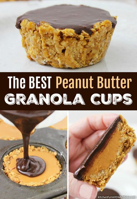 Granola Cups With Peanut Butter, Breakfast Granola Cups, Granola Cups, Chocolate Peanut Butter Brownies, Baked Oatmeal Cups, Chocolate Peanut Butter Pie, Baked Granola, Peanut Butter Oats, Peanut Butter Chocolate Bars