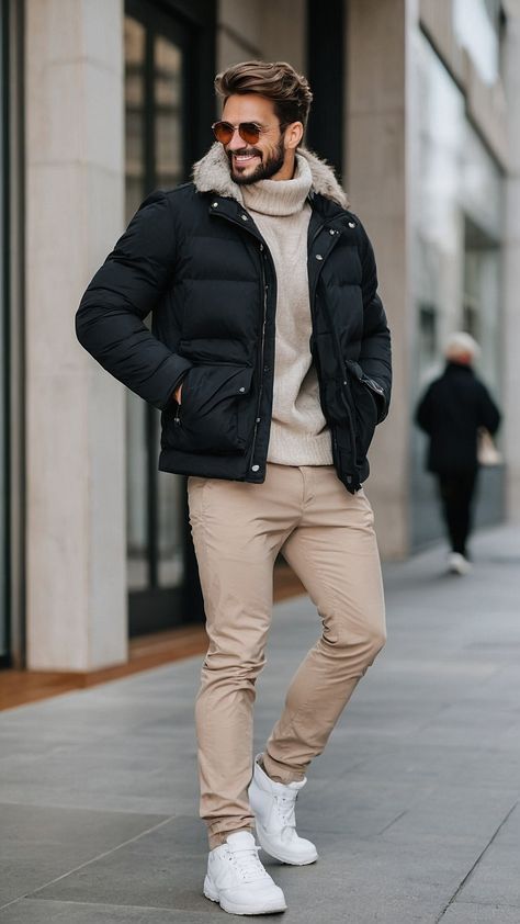 Men’s Casual Outfits Street Winter, Men's Winter Clothes Style, Jackets For Men Fashion, Boys Jackets Fashion Outfit, Nyc Men’s Outfit Winter, Winter Outfits Men New York, Mens Nyc Winter Outfits, Winter Outfits Men Jackets, Men Fashion 2024 Winter