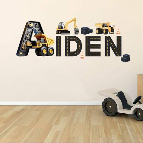 Amazon.com: Construction Truck Name Wall Decal for Kids Room - Personalized Dump Truck Wall Decals - Tractor Wall Decal for Boys - Nursery Wall Decal, Excavator Cement Trucks Unisex Wall Art Mural Vinyl Sticker : Baby Boys Bedroom Construction, Construction Theme Bedroom, Construction Bedroom, Backyard Kids, Truck Names, Wall Art Mural, Backyard Kids Play Area, Bedroom Decals, Cement Truck