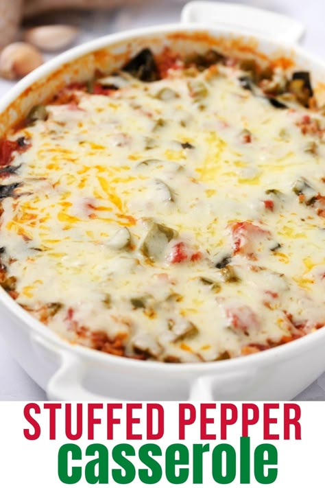 Easy Stuffed Pepper Casserole made with green peppers, ground beef, diced tomatoes and rice smothered in mozzarella cheese. These "unstuffed" peppers are baked in the oven for a classic dinner recipe. Unstuffed Bell Pepper Casserole, Green Pepper Casserole, Bell Pepper Casserole, Green Pepper Recipes, Pepper Casserole, Easy Stuffed Peppers, Stuffed Pepper Casserole, Ground Beef Casserole Recipes, Easy Dinner Casseroles