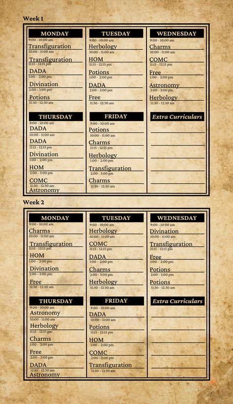 Hogwarts Layout Floor Plans, Harry Potter Timetable, Hogwarts School Schedule, Hogwarts Timetable, Harry Potter School Schedule, Hogwarts Schedule Template, Hogwarts Schedule, Hogwarts Script Journal, Harry Potter Spells List And Meanings