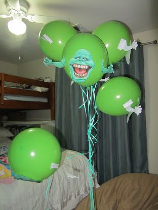 Ghostbuster Party Game Idea:  Make Slimers print out faces and arms, tape to balloons and make a Ghost hunt for the kids!  I also got washable glow in the dark makeup smudged them on the wall as clues near where I hid the Slimers.  Gave the kids silly string to shoot the Slimers and they actually sink with the weight! We turned off the lights and we had a black light with extension cord for extra ambiance! Ghost Busters Art, Ghostbuster Birthday, Ghostbuster Party, Ghost Busters Birthday Party, Ghostbusters Birthday Party, Ghostbusters Theme, Ghostbusters Party, Bigfoot Sightings, Ghost Busters