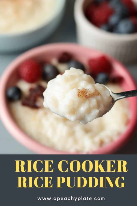 This smooth, sweet and comforting rice pudding is made in the rice cooker for effortless cooking! Made with just 4 simple ingredients: rice, milk, sugar and salt! Enjoy it for breakfast, dessert or snack time with your favorite toppings! Get the recipe on www.apeachyplate.com Rice Cooker Recipes Dessert, Rice Cooker Rice Pudding, Rice Maker Recipes, Rice Pudding Recipe Easy, Vegan Rice Pudding, Homemade Rice Pudding, Rice Cooker Rice, Easy Rice Pudding, Brown Rice Pudding