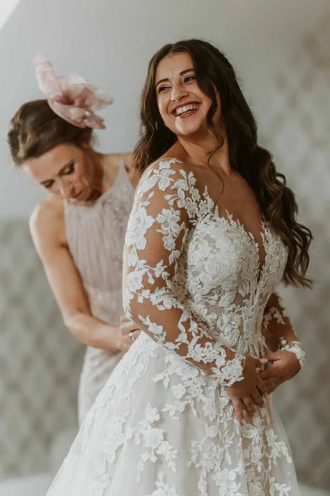 Illusion Sleeve Wedding Dress At LGBTQ+ Bassmead Manor Barns V Neck Wedding Dress Lace, Illusion Sleeve Wedding Dress, Bridesmaid Dress Pink, Wedding Getting Ready Photos, Pink Mother Of The Bride, Winter Wedding Gowns, Wedding Dress Photography, Bridal Honeymoon, Illusion Wedding Dress