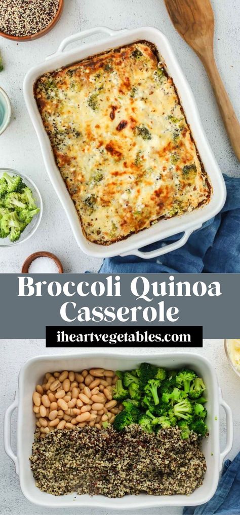 This cheesy broccoli quinoa casserole is classic comfort food with a healthy twist! Creamy white beans and tender broccoli make this dish extra filling. Cheesy Broccoli Quinoa, Broccoli Quinoa Casserole, Creamy White Beans, Broccoli Quinoa, Quinoa Casserole, Yummy Casserole Recipes, Cheesy Broccoli, Vegetarian Main Dishes, Vegetarian Appetizers