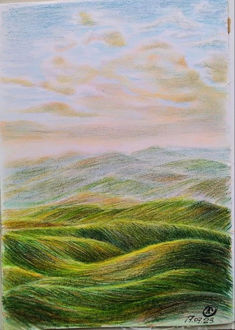 Colour Pencil Art Landscapes, Pencil Colour Painting, Color Pencil Sketch, Color Pencil Illustration, Colored Pencil Artwork, Pastel Sec, Crayon Art, Learn Art, Landscape Drawings