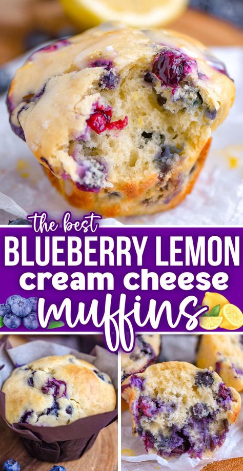 Blueberry Lemon Cream Cheese Muffins are delicately moist and bursting with blueberries and bright lemon flavor! These easy blueberry muffins are topped with a refreshingly tart lemon glaze that’s bound to make your mouth water. The perfect way to start your day! | MomOnTimeout.com Pioneer Woman Lemon Blueberry Muffins, Lemon Blueberry Cheesecake Muffins, Appetizer Recipes Quick, Veggie Blueberry Muffins, Blueberry Lemon Cream Cheese Muffins, Lemon Blueberry Muffins Gluten Free, Quick And Easy Muffins, Cheesecake Muffin Recipes, Blueberry Muffins Cream Cheese