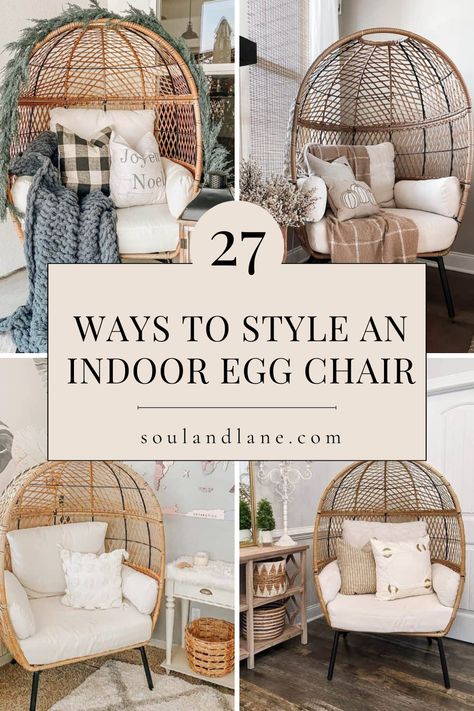 Unleash the potential of your indoor egg chair with creative styling tips that enhance your interior design. Whether it's part of your living room, bedroom, or home office, an egg chair can provide both a statement piece and a cozy retreat. Learn how to accessorize with plush pillows, soft blankets, and strategic lighting to make your egg chair the ultimate comfort zone. These ideas aim to inspire a fresh take on your home decor, ensuring your egg chair is not just a seat but a centerpiece. Egg Chair Corner Decor, Bedroom Egg Chair Ideas, Standing Egg Chair, Room With Egg Chair, Wicker Egg Chair Living Room, Egg Chair Decoration Ideas, Boho Egg Chair, Egg Chair Bedroom, Egg Chair Living Room