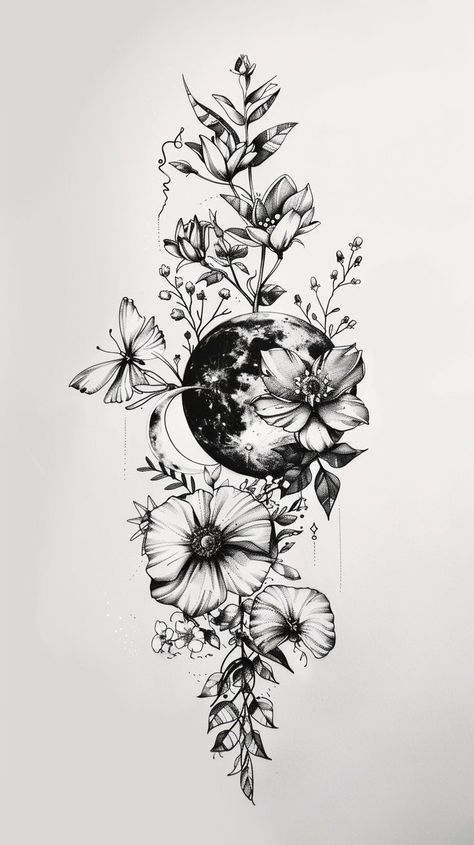 Flower Arm Tattoo Design, Floral Butterfly Sleeve Tattoo, Earth And Flower Tattoo, Womans Shin Tattoos, Cosmic Floral Tattoo, Butterfly Forest Tattoo, Moon Phases Forearm Tattoo, Feminine Tattoo Sleeves Cover Up, Back Nature Tattoo Women