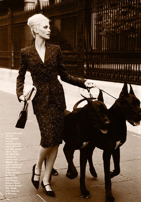 Nadja Auermann (Photography by Arthur Elgort) Black Great Danes, Arthur Elgort, Nadja Auermann, Woman Walking, Two Dogs, Weimaraner, Doberman Pinscher, Great Dane, Doberman