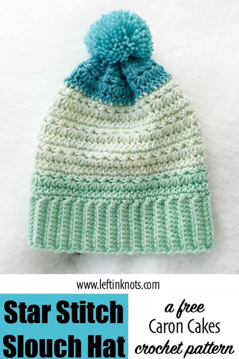 This free crochet pattern will show you how to crochet a modern slouchy hat with beautiful texture! There is a right and left handed video to help you with the star stitch, and you will need less than one cake of Caron Cakes yarn to make the Snow Drops Slouch Hat. #crochet #caroncakes #freecrochetpattern Crochet Viking Hat, Caron Cakes Crochet, Slouch Hat Crochet Pattern, Crochet Beanie Hat, Crochet Knit Hat, Crochet Hat Free, Slouch Hat, Crochet Beanie Pattern, Beanie Pattern