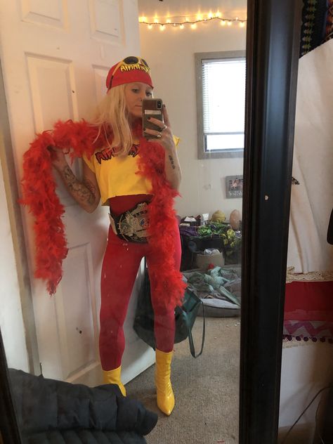 Hulk hogan costume for women Hill Hogan Costume Women, Hulk Halloween Costume Women, Woman Hulk Hogan Costume, Women Wrestlers Costume, Hill Hogan Costume, Female Hulk Hogan Costume, Womans Halloween Outfits, Wrestling Couples Costume, Wwe Costumes Diy