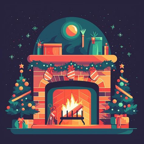 Christmas and New Year flat vector illustration Fireplace with christmas tree and presents Fireplace Illustration, Fireplace Illustration Drawing, Christmas Flat Illustration, Stylized Christmas Tree, Decorating Christmas Tree Illustration, Christmas Tree Vector Art, Illistrated Christmas Tree, Christmas Illustration Design, Christmas Tree With Presents