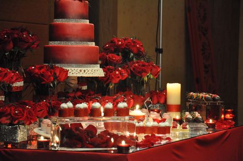 red and bling dessert table for Tatler Weddings photoshoot Wedding Treats Table, Roses Centerpieces, Red Quinceanera Ideas, Wedding Buffet Table, Red Roses Centerpieces, Bff Wedding, Xv Ideas, Wedding Cake Dessert Table, Sweet Table Wedding