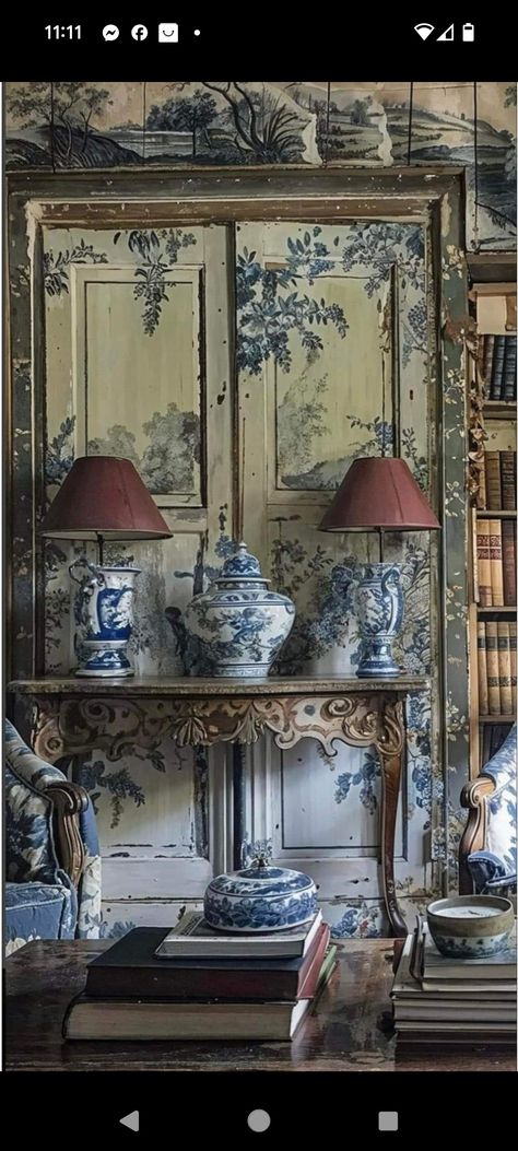 Nola House, Blue White Pottery, Decorated Furniture, British Colonial Decor, Chinese Takeaway, Chinoiserie Christmas, Kitchen Blue, Scenic Wallpaper, Chinoiserie Decorating