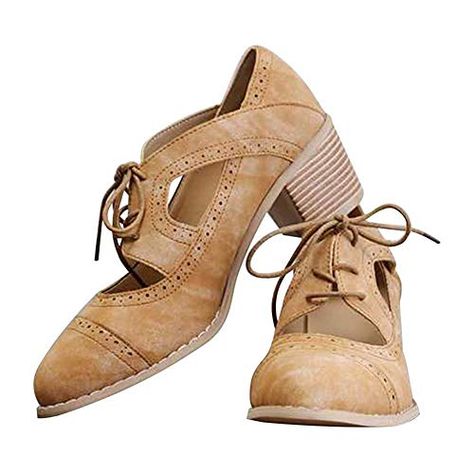 JITUUE Oxford Shoes for Women Chunky Heels Brogue Leather Saddle Dress Shoes Lace up Vintage Wingtip Ankle Boots Oxford Shoes For Women, Heeled Brogues, Cole Haan Women Shoes, Mid Heels Pumps, Womens Chunky Heels, Cowboy Style, Retro Shoes, Women Oxford Shoes, Shoes Lace