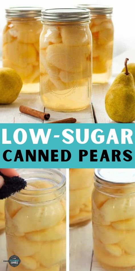 An easy step-by-step tutorial on Canning Pears. This easy recipe for preserved pears is perfect for newbies and experienced canners alike. Instructions include low-sugar and no-sugar options. Preserved Pears, Pear Recipes For Canning, Pear Recipes Easy, Canning Pears, Pear Preserves, Canning Salt, Preserving Recipes, Canned Pears, Canning Fruit