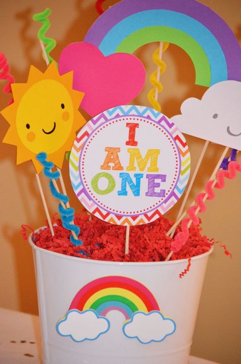 Sweet Simplicity Bakery — Rainbow Themed 1st Birthday Party Continued: DECOR... Rainbow Baby Birthday Party, Rainbow Baby Birthday, Rainbow Theme Birthday, Rainbow Birthday Party Decorations, Rainbow Centerpiece, Rainbow Themed Birthday Party, Rainbow First Birthday, Rainbow Party Decorations, Themed 1st Birthday