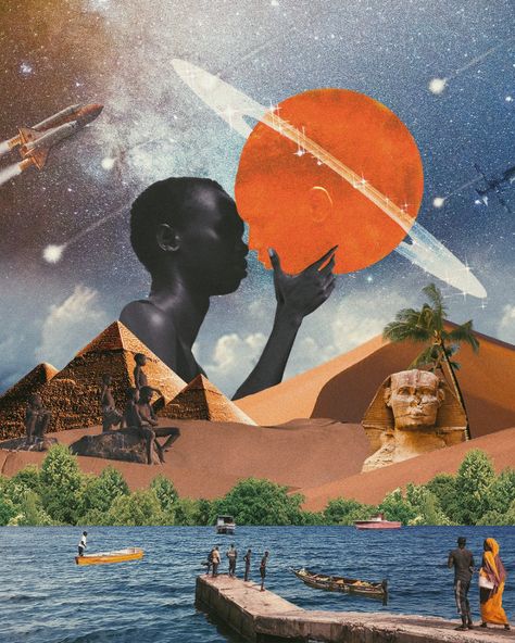 Afro Future Art, Afro Futurism City, Black Surrealism Art, Afrosurrealism Photography, Afro Futurism Graphic Design, Mixed Media Digital Art, Afrofuturism Collage, Afrofuturism Art Illustrations, Afrofuturism Art Black Women