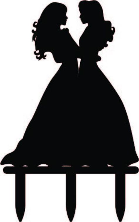 "Personalise your wedding cake with this modern lesbian wedding cake topper featuring 2 brides silhouette. Approx. 5 HIGH - Best suited for a 5\" Top Tier Approx. 6\" HIGH - Best suited for a 6\" Top Tier Approx. 7\" HIGH - Best suited for a 7\" Top Tier Our wedding cake topper is cut out from food safe 3mm - 1/8 inch acrylic. The stakes on the topper are not removable. You can choose the size and colour from drop down menu. More colours are available on request. The height of each design can va Lesbian Wedding Ideas Decor, Mrs And Mrs Lgbt Wedding Ideas, Lesbian Wedding Cake Toppers, Lesbian Wedding Topper, Lgbt Wedding Cakes, Lesbian Cake Topper, Lesbian Wedding Cake Topper Two Brides, Sapphic Wedding, Gay Wedding Cake Toppers