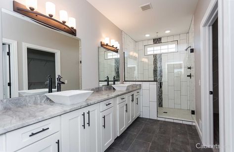 Bathrooms With White Vanities, White Cabinets Black Hardware, Discount Cabinets, Off White Cabinets, Order Kitchen, White Bathroom Cabinets, Online Kitchen Cabinets, Master Bath Remodel, White Vanity