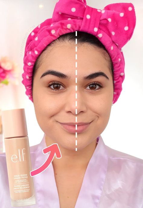 Check out how the elf Halo Glow Liquid Filter works as 3 different products to help boost your glow! | Slashed Beauty Elf Halo Glow Liquid Filter Tutorial, How To Use Elf Halo Glow, Elf Halo Glow Liquid Filter Swatches, Elf Glow Filter, Elf Makeup Looks, Best Elf Products, Elf Halo Glow Liquid Filter, Elf Halo Glow, Halo Glow Liquid Filter