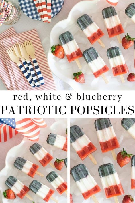 Red, White & Blueberry Patriotic Popsicles | patriotic | food | ideas | fourth of July | desserts | healthy | for kids | easy | parties | 4th of July | no bake | party | favors | decorations | decor | party ideas | for a crowd | desserts no bake | desserts simple | fun | fruit | recipes | patriotic recipes | patriotic dessert | best | quick | simple | strawberry | cute | fourth of July recipe | Independence Day | #patriotic #fourthofjuly #patrioticrecipe Small Fourth Of July Party, Fourth Of July Popsicles, Fourth Of July Desserts For Kids, Small 4th Of July Party, 4th Of July Kids Food, Patriotic Food Ideas, Fourth Of July Games, Blueberry Yogurt Popsicles, Fourth Of July Desserts