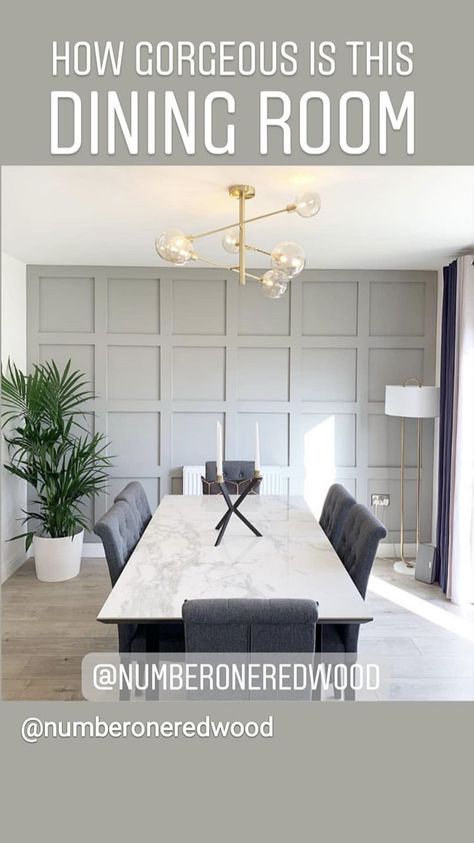 Grey Paneled Wall | Dining Room Panel Wall Decor Ideas, Dining Room Organization, Dining Room Paneling, Dining Room Colour Schemes, Wood Panel Wall Decor, Wood Panel Wall, Panel Wall Decor, Living Room Panelling, Dining Room Accent Wall