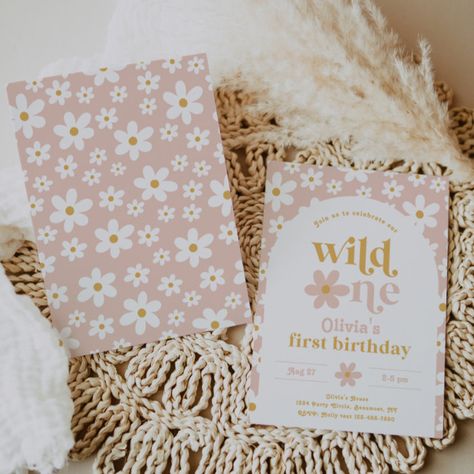 Wild One Daisy Birthday Invitation | First - Birthday Invitation Wild One Floral First Birthday, Wild One Daisy Birthday, One Daisy Birthday, Daisy First Birthday Theme, Floral 1st Birthday, Daisy Invitations, Flower Birthday Party, Daisy Birthday, Wild One Birthday Invitations