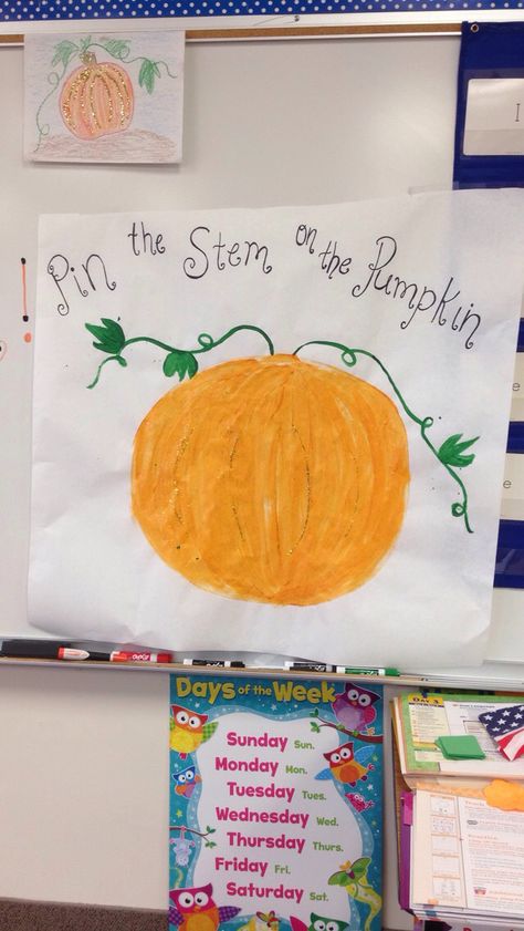 Pin the stem on the pumpkin. Perfect for classroom Halloween parties Pin The Stem On The Pumpkin, Fall Pin The Tail Game, Preschool Fall Party Games, Pumpkin Games For Preschool, October Homeschool, Fall Festival Party, October Themes, School Fall Festival, Fall Party Games