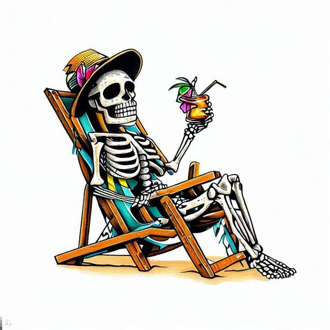 A skeleton sitting in a beach chair, reading a book with a beach Skeleton Beach Theme, Tropical Skeleton Tattoo, Skeleton Drinking Tattoo, Skeleton On The Beach, Skeleton Beach Tattoo, Skeleton Sitting Down, Skeleton Sitting In Chair, Funny Skeleton Tattoo, Skeleton Summer