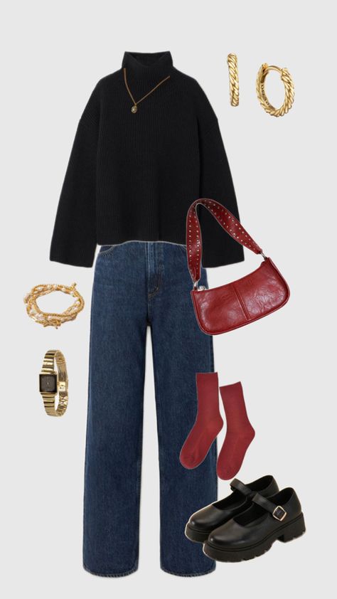 Red socks, Mary Jane shoes, black sweater, red shoulder bag Outfits With Black Mary Janes, Outfits With Red Mary Jane Shoes, Black Mary Jane Shoes Outfit, Maroon Shoes Outfit, Mary Jane Flats Outfit, Red Heels Outfit, Outfit Navidad, Mary Jane Outfit, Red Shoes Outfit