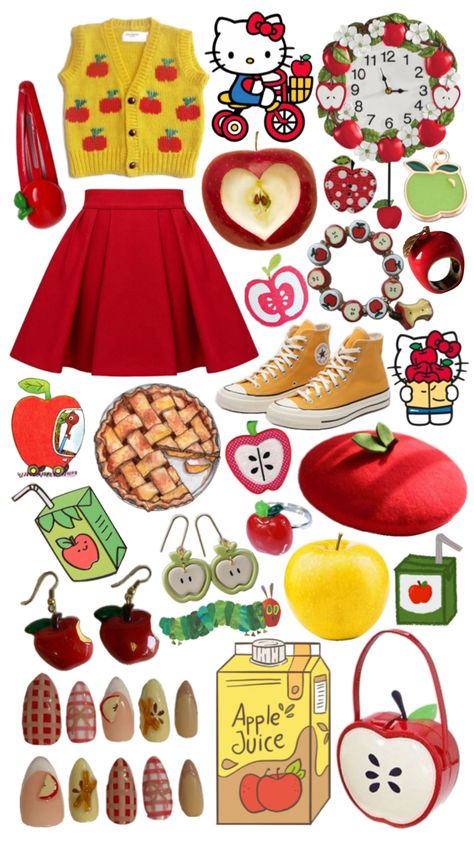 Apple aesthetic collage, apple themed clothing, Apple jewelry, apple imagery, the bug hungry caterpillar, apple juice, hello kitty Apple Clothes, Apple Jewelry, Apple Aesthetic, Apple Theme, The Bug, Funky Outfits, The Very Hungry Caterpillar, Fashion Collage, Very Hungry Caterpillar