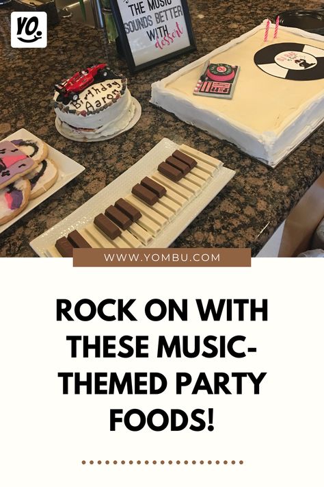 Get ready to rock out with these fun and tasty music-themed party foods! From guitar-shaped sandwiches to drum-shaped cookies, there's something for every music lover to enjoy. Don't forget to top it off with a show-stopping birthday cake decorated with musical notes and instruments! #MusicParty #PartyFoods #MusicThemed #BirthdayCake #PartyIdeas #FirstBirthday #inspiration #kidsparty #yombu Music Notes Party Theme, Music Themed Food Ideas, Guitar Themed Party, Musical Theme Birthday Party Decorations, Country Music Themed Birthday Party, Music Themed Food, Music Note Themed Party, Music Graduation Party Ideas, Music Party Ideas