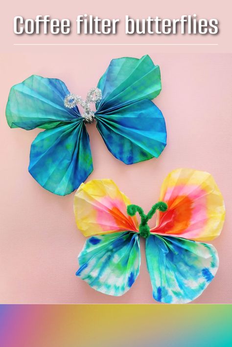 Butterfly Coffee Filter, Butterfly Kids Craft, Coffee Filters Diy, Coffee Filter Butterflies, Craft For Spring, Butterfly Spring, Spring Kindergarten, Butterfly Craft, Coffee Filter Crafts