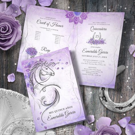 Silver Lilac Lavender Charro Quinceanera Folded Invitation Light Purple Quinceanera, Lilac Quinceanera, Cinderella Sweet 16, Butterfly Wedding Invitations, Folded Invitation, Scroll Invitation, Lavender Watercolor, Rustic Birthday, Wedding Roses