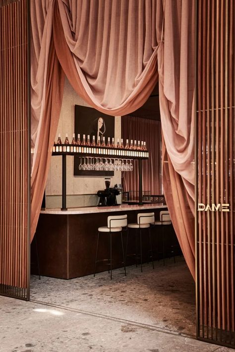 Creating An Entryway, Red Table Lamp, Marble Bar, Communal Table, Pink Curtains, Terrazzo Flooring, Bar Interior, Hotel Boutique, Cool Cafe