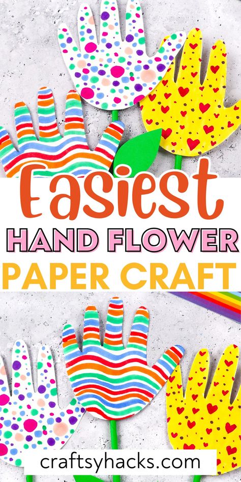 Make your own beautiful flower designs with this DIY hand flower paper craft. If you love flower craft ideas and fun crafts to make at home with kids, this craft idea is for you! Flower Hand Print Crafts For Kids, Hand Flowers Craft Kids, Crafts Fir Kids, Simple Paper Flower, Flower Crafts Kids, Kids Painting Crafts, Tissue Paper Flowers Diy, Hand Flowers, Beautiful Flower Designs